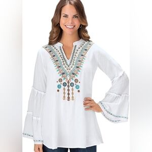 64 Sixty Five White Long Sleeve  Embroided Viscose Top Size M Boho Cottagecore